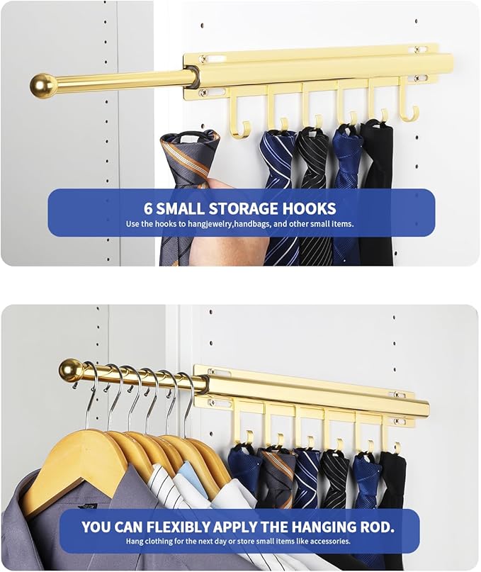 16.5" Valet Rod for Closet Pull Out With 6 Hooks Valet Rods for Closets (2Pack Gold) Closet Valet Rod Slide Out