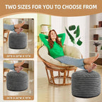 Round Stuffed Pouf Ottoman Foot Rest for Couch Round Ottoman with Foam Chunk Filling Stripe Faux Fur Ottomans for Living Room Floor (20"x15",Dark Grey)