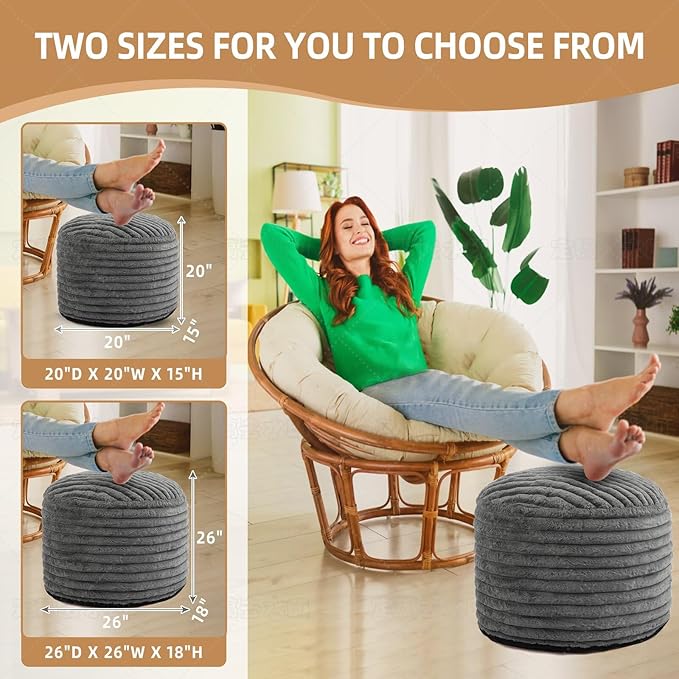 Round Stuffed Pouf Ottoman Foot Rest for Couch Round Ottoman with Foam Chunk Filling Stripe Faux Fur Ottomans for Living Room Floor (20"x15",Dark Grey)