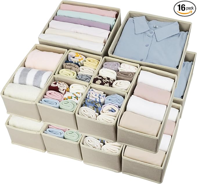 16 Pack Drawer Organizer Clothes, Foldable Fabric Dresser Organizer Closet Organizers and Storage Box for Underwear,Folded Clothes,Baby Clothing,Socks,Bra,Towels,Ties(Beige)
