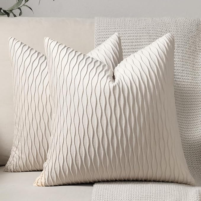 Ivory White Couch Pillow Covers: 2 Pack 24x24 Inch Original Striped Velvet Square Throw Pillow Cases for Farmhouse Home Decor