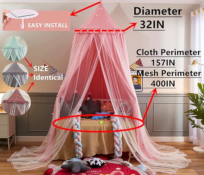 VETHIN Bed Canopy for with Lights,Double Layer Princess Round Dome Dreamy Mosquito Net Bedding Girls Room Castle Play Tent Hanging House Decor Reading Nook Canopies(Gray/White)