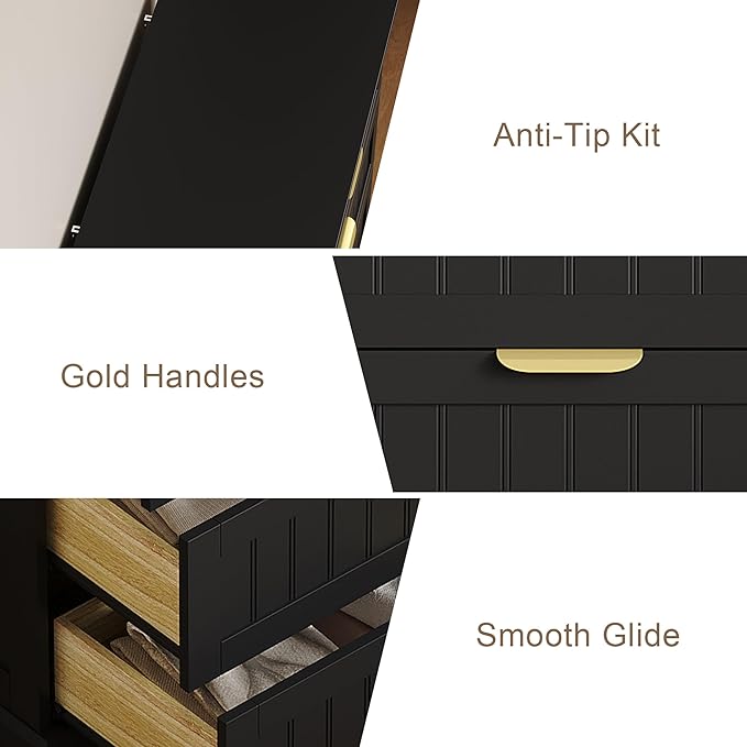 4 Wooden Drawer Dresser for Bedroom Storage, Modern Farmhouse Wood Chest of Drawers with Metal Handles, Wide Storage, Cabinet for Closet, Living Room, or Entryway Black