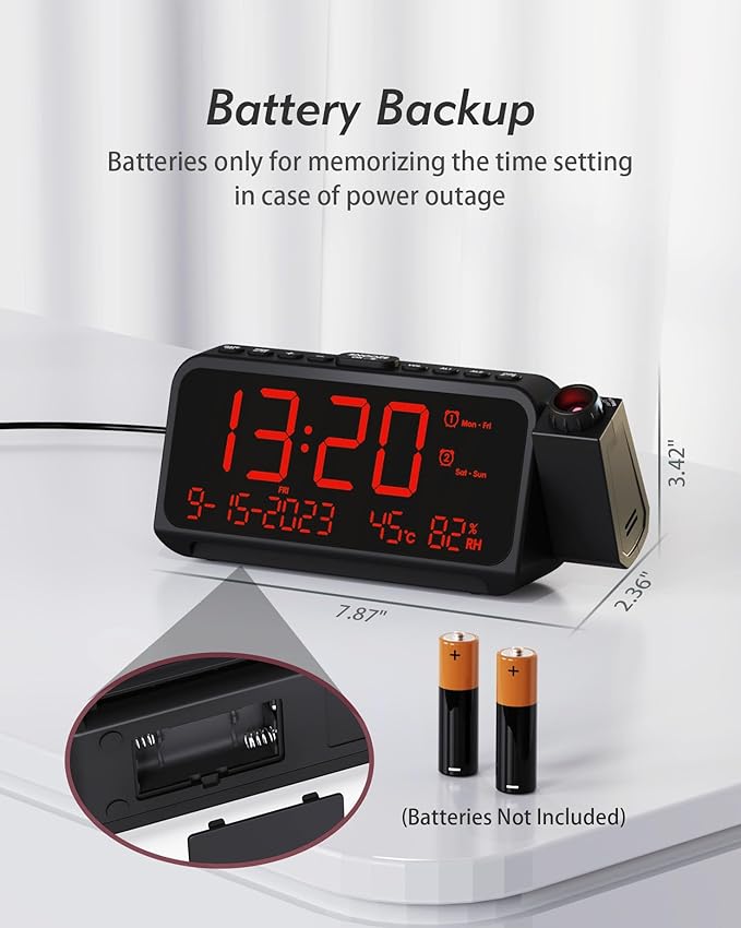 Roxicosly Projection Alarm Clock for Bedroom Ceiling, 118 dB Super Loud for Heavy Sleepers, 6.7" Large Digital Dimmable Display with Day Date Indoor Temp Humidity, Dual Alarms Adjustable Volume