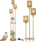 Boho Floor Lamp with Shelves, 3-Lights Farmhouse Tall Floor Lamp with ON/Off Foot Switch, Gold Modern Floor Lamps with Rattan Shades, Rustic Standing Lamp for Living Room, Bedroom, Office