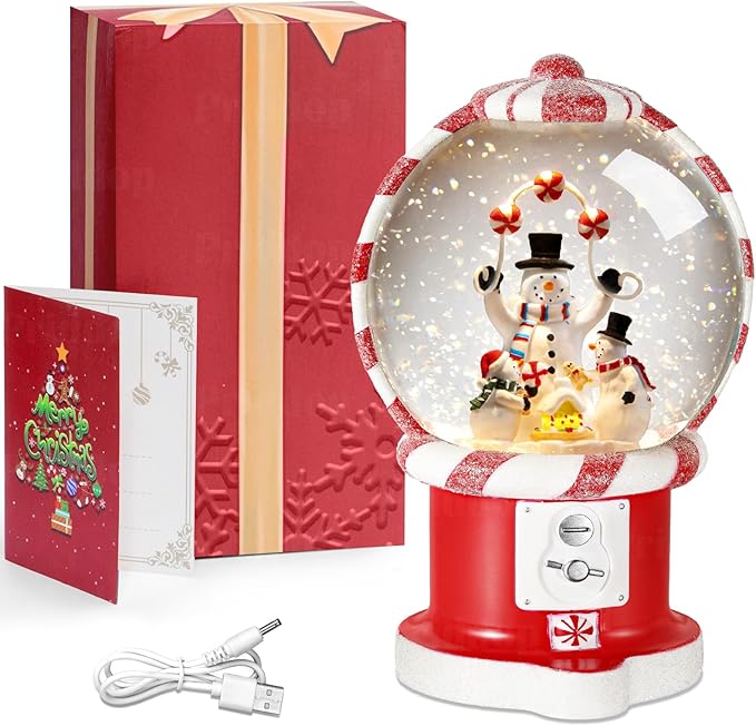 Snowman Snow Globe Christmas Classic Candy Vending Machine Shape Gifts USB/Battery Musical Glitter Snowfall USB/Battery Timer Christmas Decorations Indoor 7.8 inch