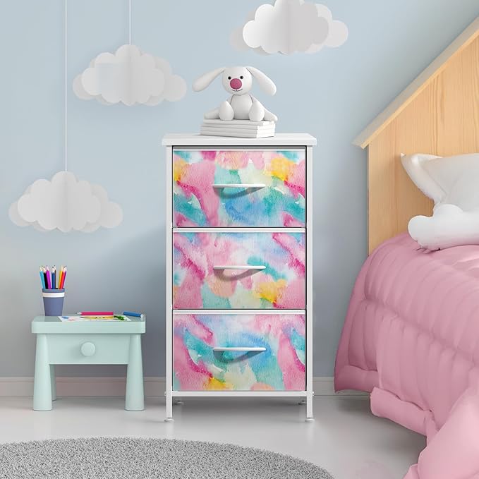 Sorbus Nightstand with 3 Drawers - Bedside Furniture & Accent End Table Chest for Home, Bedroom Accessories, Office, College Dorm, Steel Frame, Wood Top, Pastel Fabric Bins