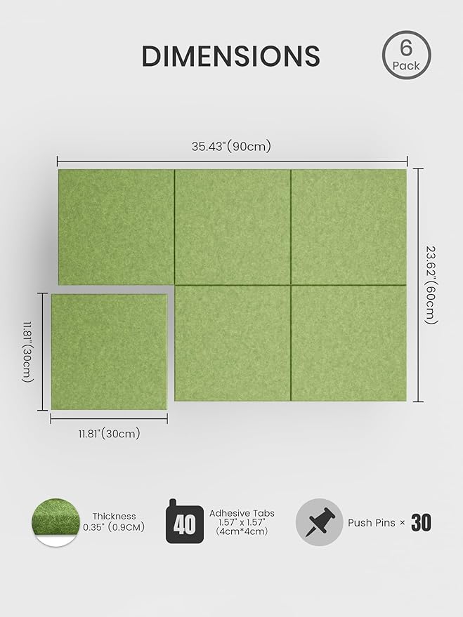 Bumusty Large Cork Board 36" x 24" Alternative - 6 Pack Felt Wall Tiles with 40 Safe Removable Adhesive Tabs, 30 Pushpins, Cork Boards for Walls Pin Board Bulletin Board Office Decor (Kelly Green)