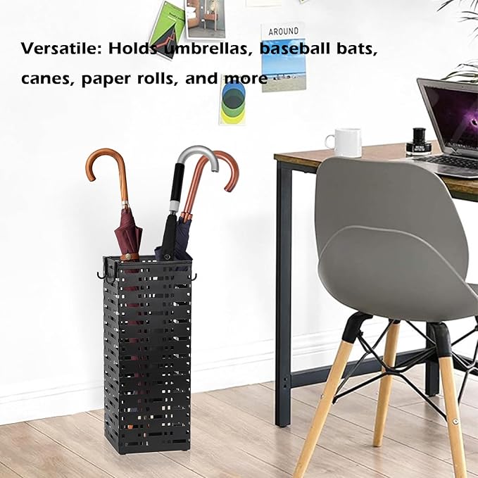 Metal Umbrella Stand ,Metal Umbrella Holder with 4 Hooks,Square Mesh Umbrella Holder for Home, Entryway, Office, Hotel & Supermarket(Black, 16.5 x 6.5 x 6.5Inch)