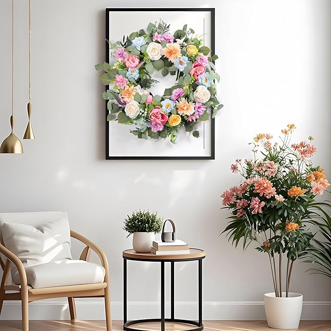Spring Wreaths for Front Door,Summer Wreath with Peony Rose and Dahlia Flowers,24 Inch Floral Door Wreath for All Seasons Outside Outdoor Indoor Wall Wedding Holiday Home Decor