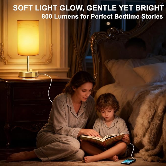 HiBay 17.75" Dimmable Bedside Table Lamp with Charging Station - 2 USB Ports & AC Outlet, Vintage Gold Nightstand Light with Parchment Shade for Bedroom Kids Room Dorm, Bulb Included