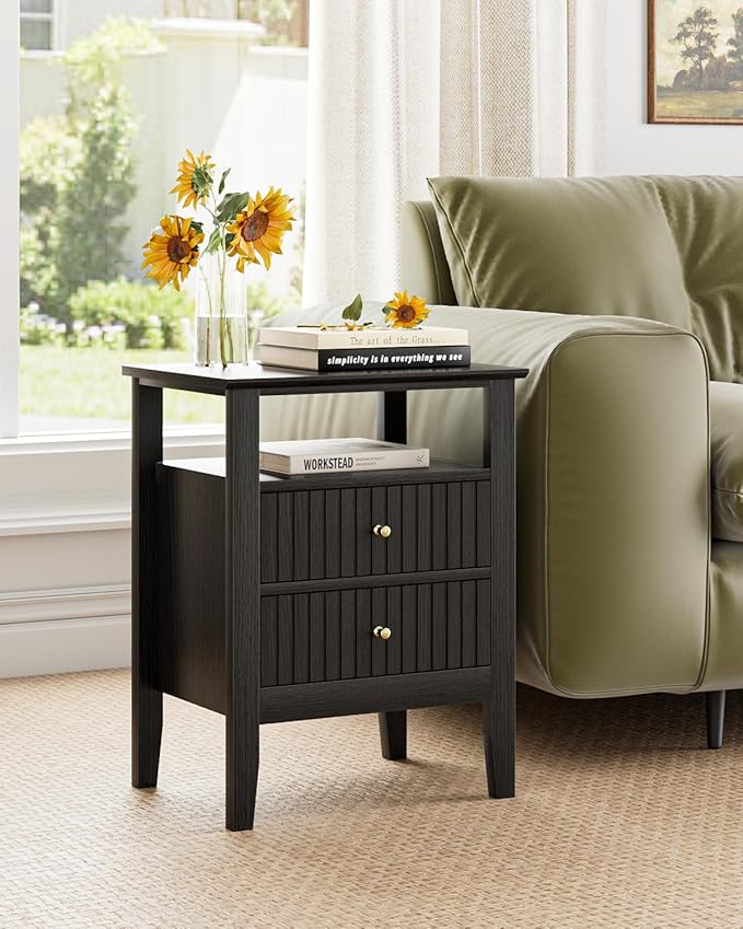 Fluted Nightstand, Farmhouse Night Stand with 2 Drawers, Mid Century Modern Side Accent Table,Bedside End Table for Bedroom, Living Room, Black