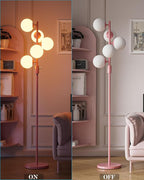 64IN Dimmable Pink Floor Lamp, Tall Standing Lamps with 5 Globe Soft Warm White Eye Care 3000K G9 Bulbs, Mid Century Modern Floor Lamp for Living Room Bedroom Office