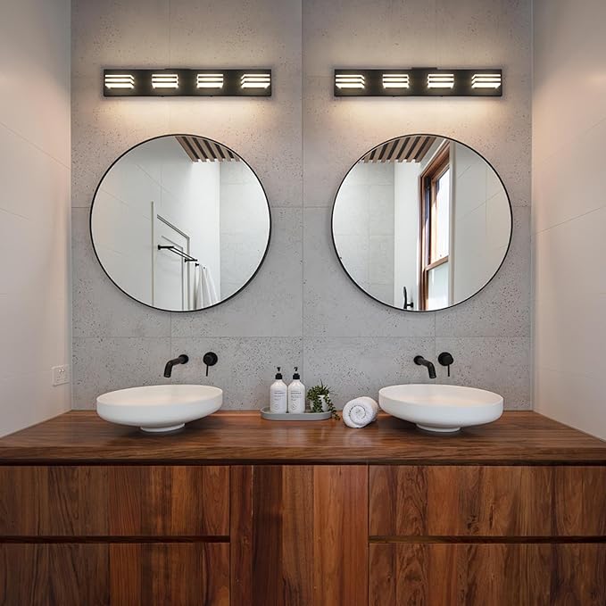 4-Light LED Black Vanity Lights for Bathroom Light Fixtures Adjust 3 Colors Modern Bath Lighing Over Mirror LED Vanity Light 27inch Acrylic Heads