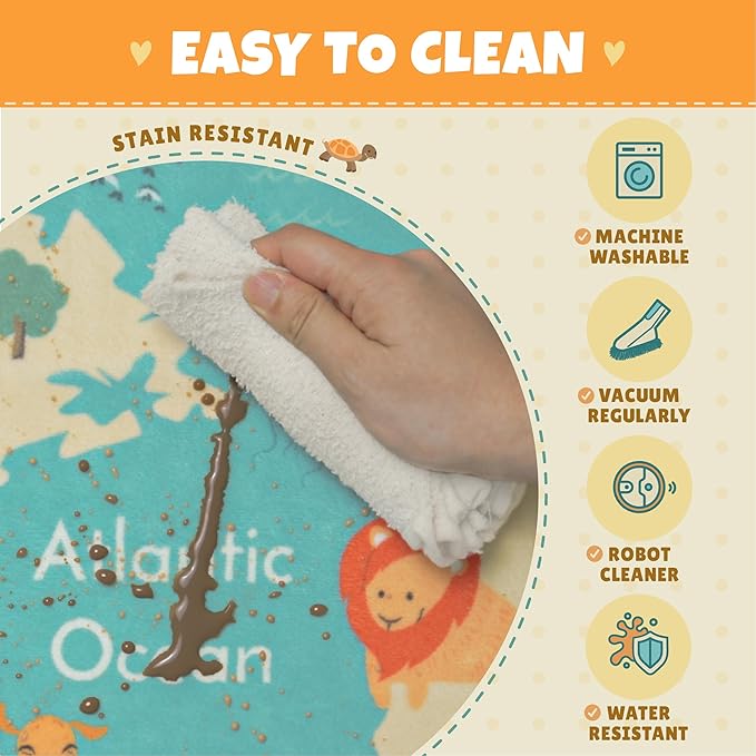 Huge Kids Rugs for Playroom Décor - 9x12 Boho Pastel Classroom Décor for Children Play, Washable Ultra Soft World Map Carpet with Blue Ocean, Continents & Cute Animals