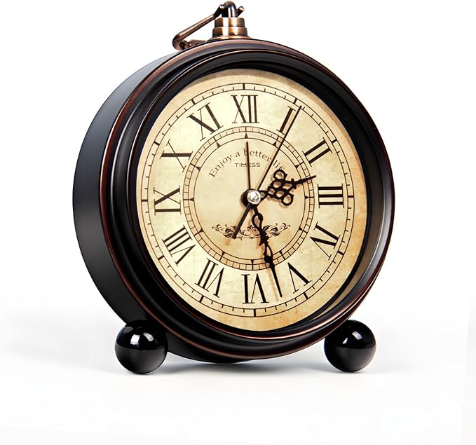 Vintage Analog Alarm Clock, 4.3" Silent Non-Ticking Quartz Desk Clock with Roman Numerals, Battery Operated Table Clock for Bedroom, Living Room, Office, or Gift (White)