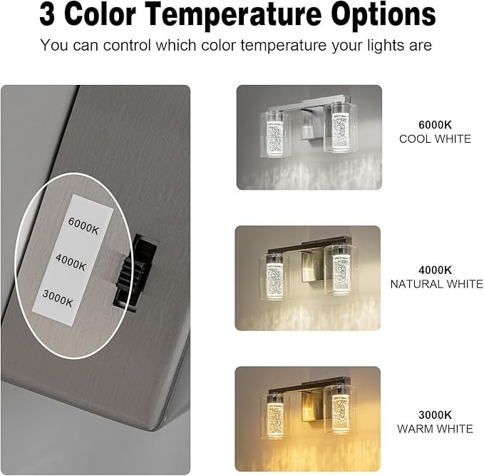 SineRise 2-Light Brushed Nickel Vanity Light with 3 Color Modes (3000K/4000K/6000K), Eye Protection LED Bathroom Light Fixture, Dimmable Modern Wall Light Over Mirror with Clear Glass Shade