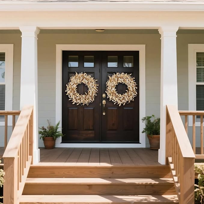 24 Inch White Floral Wreaths for Front Door - Spring Summer Decor with Artificial Eucalyptus, Boxwood & Grain Stems, All Season Farmhouse Wreath for Indoor Outdoor