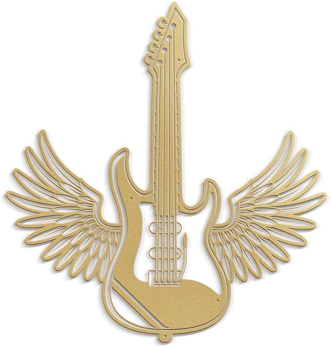 SIGNLEADER Metal Wall Art Decor - Electric Guitar with Wing Minimalist Modern Abstract Wall Sculpture Hanging Home Decoration for Living Room, Bedroom, Bathroom, Kitchen, Studio, Outdoor - 18" Gold