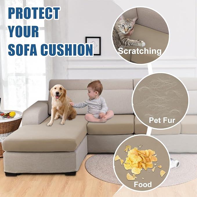 100% Waterproof Couch Cushion Covers, Stretch Sofa Seat Covers, Reversible Protector Covers for Pets, Washable (Loveseat Cushion, Sand), Medium