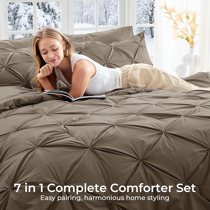 Sasttie Queen Comforter Set, 7-Piece Bed in a Bag, Pintuck Bedding Sets for All Season, Includes Comforter, Flat Sheet, Fitted Sheet, Pillowcases and Pillowshams, Brown