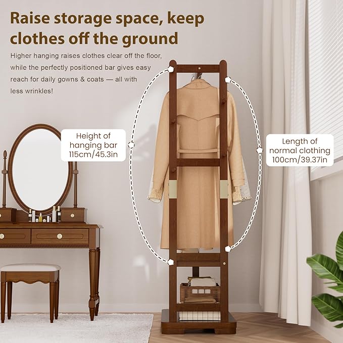 Solid Wood Clothes Rack with 2 Shelves & 4 Hooks for Hanging Clothes Garment Wallets Hats, Clothing Rack Heavy Duty Coat Rack Freestanding with Storage Hall Tree for Hallway Bedroom Living Room
