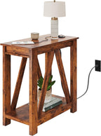 WLIVE Farmhouse End Table, Narrow Side Table with Charging Station, Slim End Table, Side Table for Bedroom, Living Room, Small Spaces, 2 USB and 2 Power Outlets, Rustic Brown