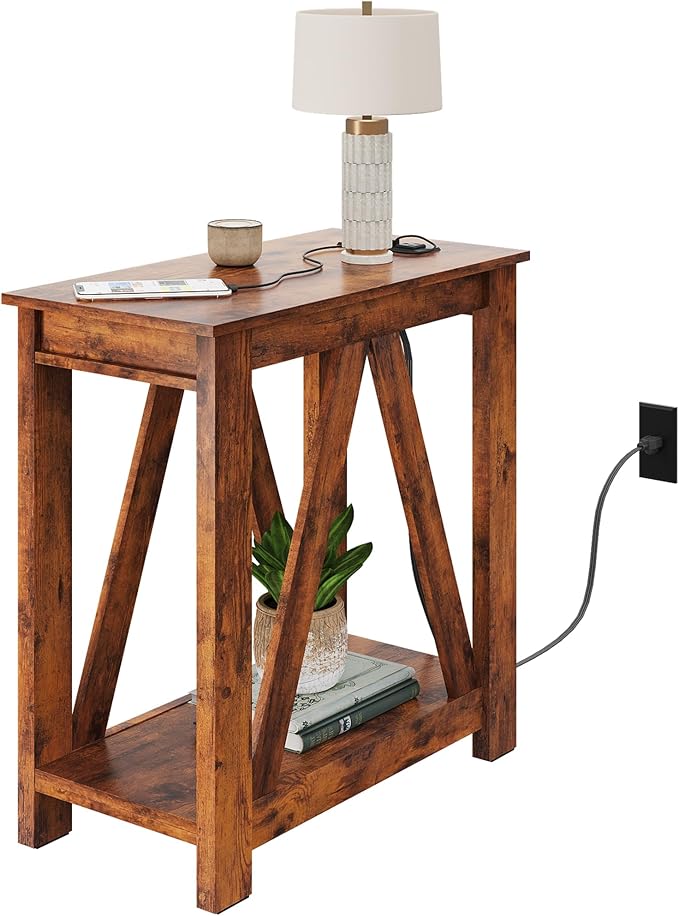 WLIVE Farmhouse End Table, Narrow Side Table with Charging Station, Slim End Table, Side Table for Bedroom, Living Room, Small Spaces, 2 USB and 2 Power Outlets, Rustic Brown