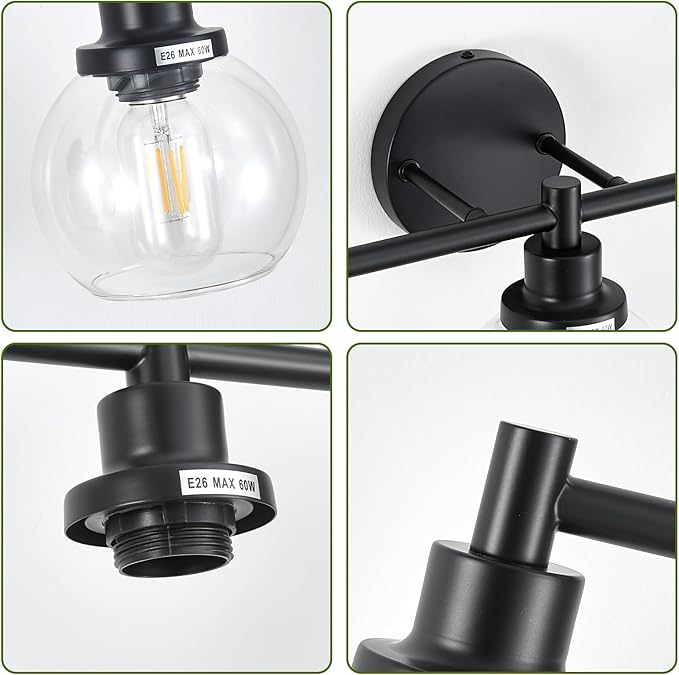 3-Light Bathroom Light Fixture Black Vanity Lights Over Mirror Modern Wall Sconce Farmhouse Vintage Bathroom Vanity Lighting with Glass Shade for Bedroom Hallway Cabinet Bathroom