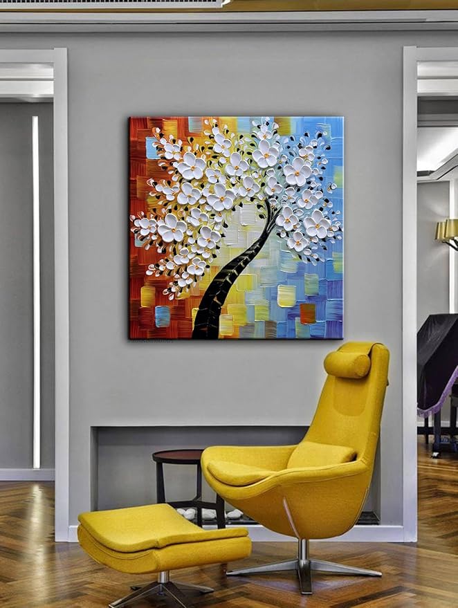 YaSheng Art - hand-painted Oil Painting On Canvas white Flowers Paintings Modern Home Interior Decor Wall Art for living room Abstract Art picture Ready to hang 24x24inch