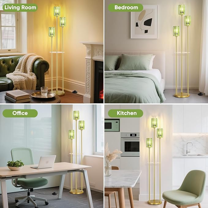 Gold Floor Lamps for Living Room, Modern Floor Lamp with Shelves, Mid Century Crystal Standing Lamps with Table, Brass Tall Lamp with Crystal Shade Vintage Retro Corner Floor Lamp for Bedroom, Green