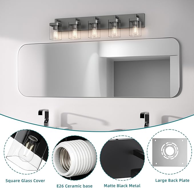 Bathroom Vanity Light, Square Design 5 Lights Morden Bathroom Lighting Fixtures Over Mirror, Black Vanity Light for Living Room/Bedroom