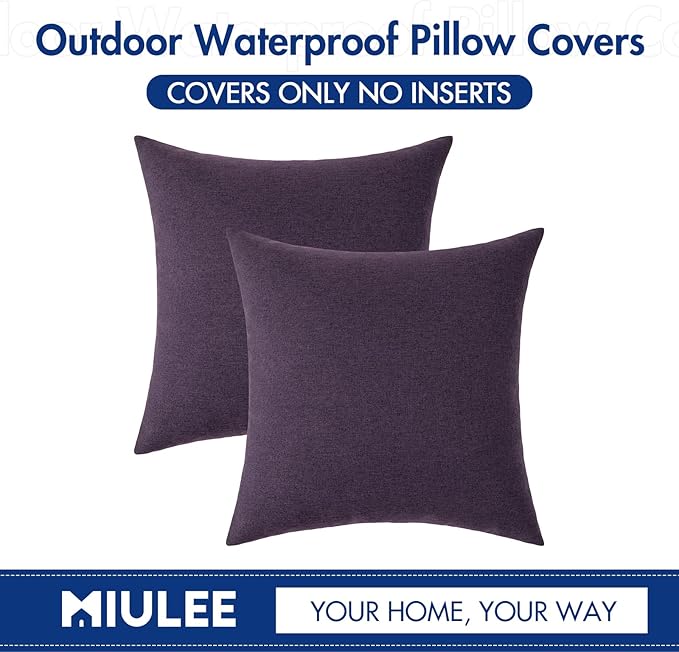 MIULEE Pack of 2 Decorative Outdoor Solid Waterproof Throw Pillow Covers Faux Linen Garden Farmhouse Cushion Cases for Patio Tent Balcony Couch Sofa 20x20 Inch Purple