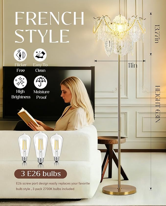 Gold Glass Floor Lamp, 63" Modern Vintage Standing Lamp with Imitation Pearl Decoration, Double-Layer Figured Glass shade, Elegant Brass Standing Floor Lamps for Living Room, Bedroom, Bulb Included