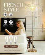 Gold Glass Floor Lamp, 63" Modern Vintage Standing Lamp with Imitation Pearl Decoration, Double-Layer Figured Glass shade, Elegant Brass Standing Floor Lamps for Living Room, Bedroom, Bulb Included