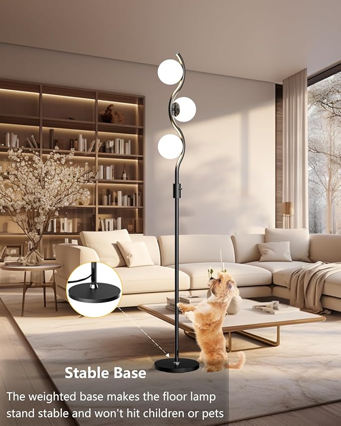Lightdot 60IN Dimmable Black Floor Lamp, Mid Century Standing Lamps with 3 Globe Soft Warm White 3000K Bulbs Included, Modern Tall Lamp for Living Room/Bedroom/Sofa Beside/Corner Decor