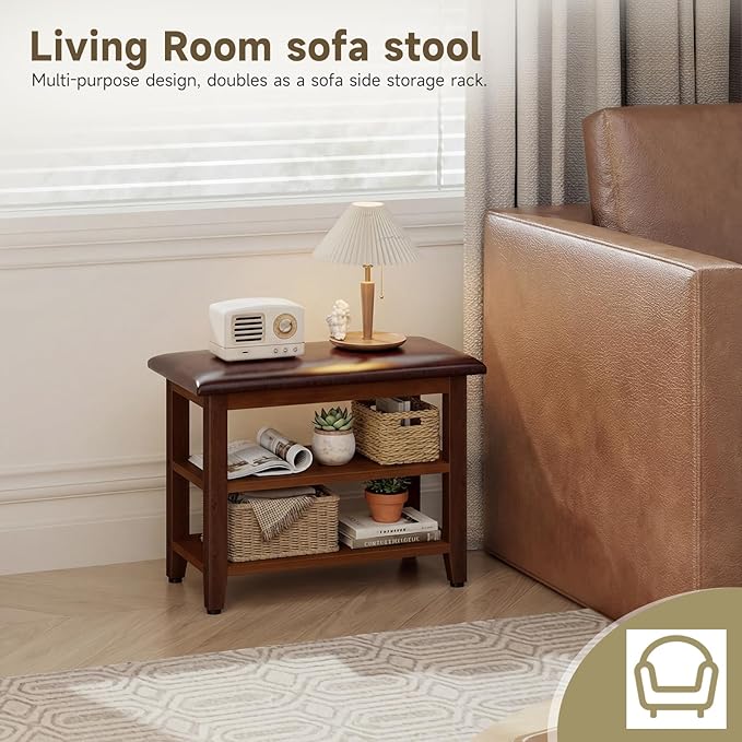Shoe Bench with Leather Cushion,Wood Bench with Shoe Rack,2-Tier Shoe Storage Organizer for Entryway,Hallway,Living Room (Brown, 2-Tier-23.6")