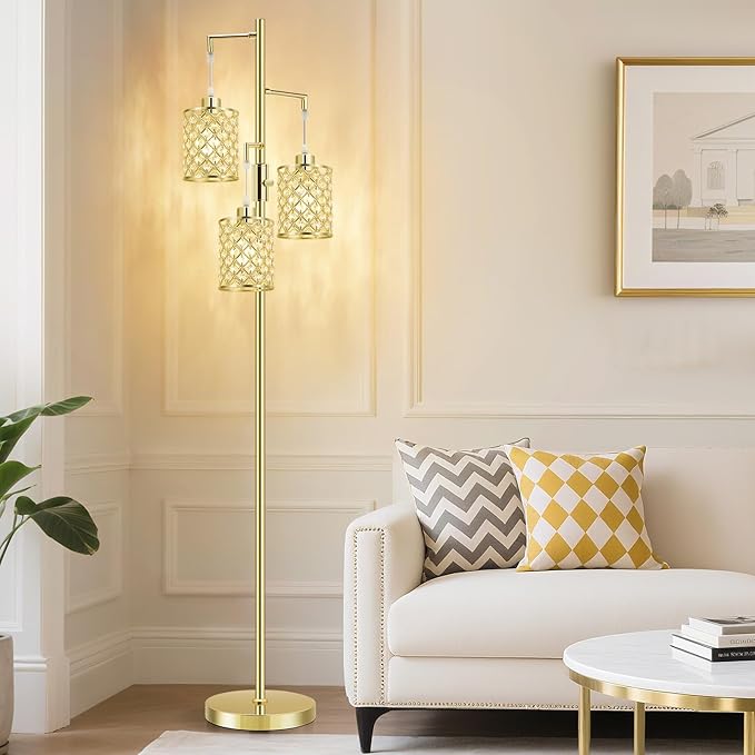 GyroVu Morden Gold Crystal Floor Lamps for Living Room, 3-Light Standing Tall Lamp with Elegant K9 Crystal Shade & Rotary Switch, Modern Corner Floor Lamp for, Bedroom, Home Office, Reading
