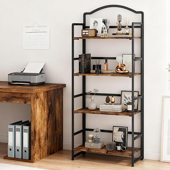 JSB No Assembly Folding Bookshelf, 4 Tier Book Shelf for Storage, Vintage Wood Foldable Bookcase for Living Room, Bedroom, Office Organization Shelves