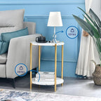Small Round Side Table, 2-Tier Gold End Table with Faux Marble Top for Small Spaces, Modern Side Table for Living Room, Couch, or Bedroom Nightstand (1 pcs Gold, Round)