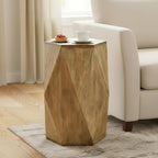 Fully Assembled Round Side Table with Gold Geometric Design & Wave Pattern, Solid Wood End Table Nightstand for Living Room, Bedroom, Office, 18 Inch (Geometric Natural Wood)