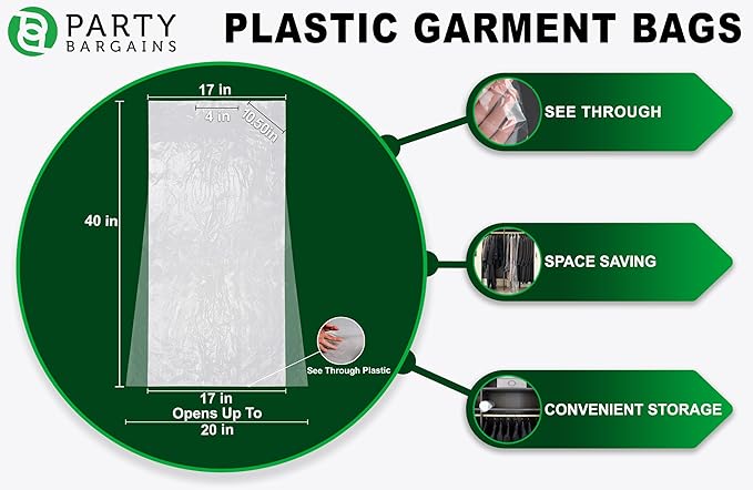Party Bargains 40x20 Inch Clear Plastic Garment Bags, 100 Pack