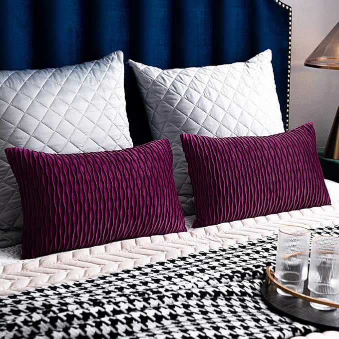 12x20 Purple Throw Pillow Cases: 2 Pack Original Striped Velvet Rectangular Decorative Pillow Covers for Farmhouse Couch