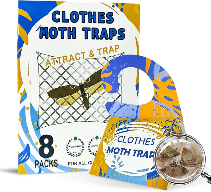 Clothing Moth Trap with Pheromone Attractant 8 Pack, Easy to use Clothes Moth Treatment, Odorless/Non-Toxic Strong Sticky Strips for Closet and Carpet