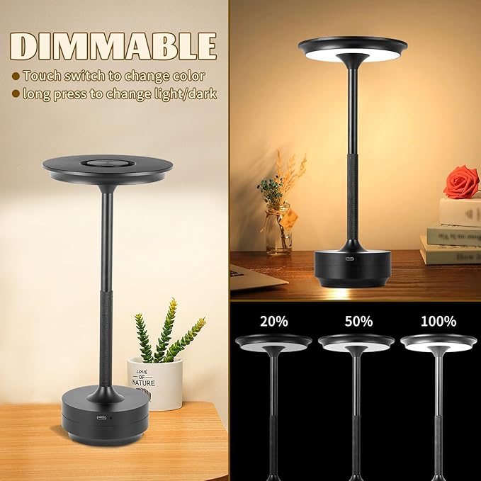 Rechargeable Cordless LED Table Lamps Touch Sensor Light, 3-Levels Portable Dimming Wireless Battery Operated Lamp，Nightstand Lamp/Night Light/Restaurant Table/Outdoor/Coffee/Bar (Black)