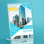 Annecy Sign Holder 8.5 x 11, 12 Pack, L Shape Plastic Clear Sign Stand for Display, Double-Sided, Slanted Back Design, Wide Use Plastic Material