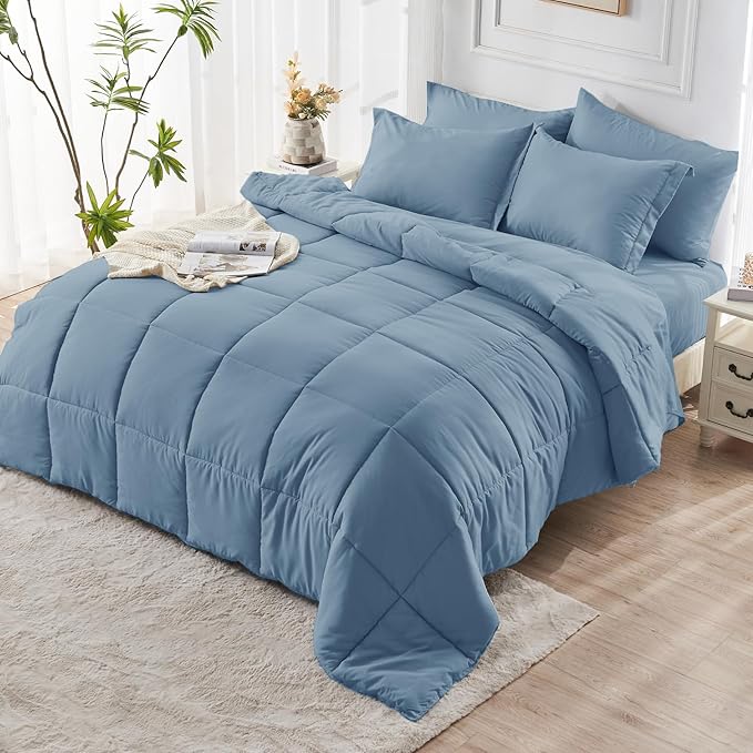 JOLLYVOGUE California King Comforter Set, Ultra-Soft Bed in a Bag Cal King Size 7 Pieces, Oeko-TEX Certified Bedding Set with Down Alternative Comforter, Sheets, Pillowcases & Shams, Dusty Blue