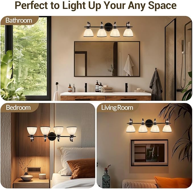 ANDY STAR Vintage Bathroom Light Fixture, 4-Light Vanity Lights, 28 inch Farmhouse Wall Sconces, Black Wall Lamp with Milky Glass, Well-Made Bathroom Lighting Fixtures Over Mirror for Living Room