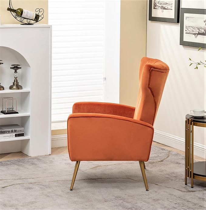 Modern Velvet Accent Chair, Channel Tufted Bedroom, Office or Living Room Furniture with Elegant Metal Legs, 26" Wide Armchair, Orange Red