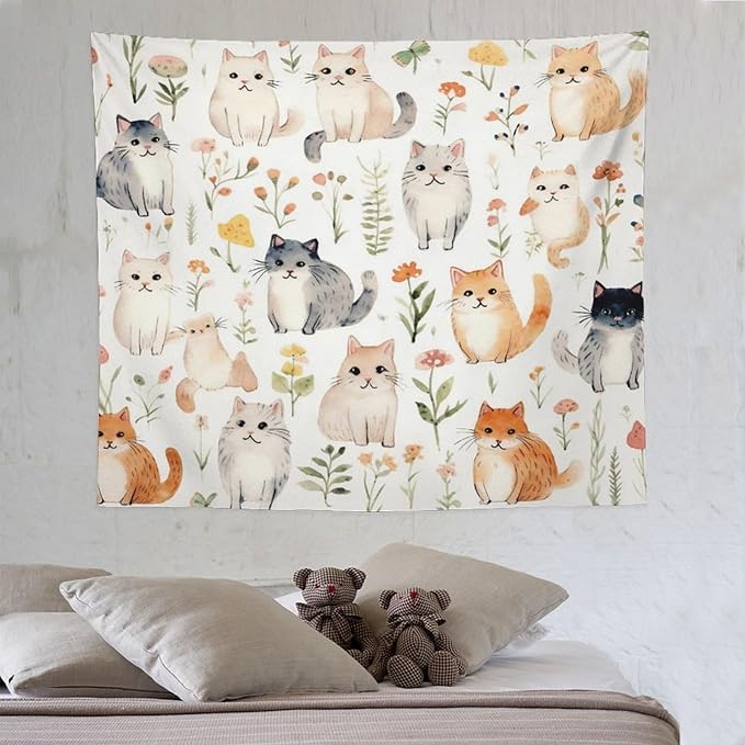 VUMIVI Cute Cat Tapestry Cartoon Pets Flowers Mushrooms Butterflies Watercolor Illustrations Tapestry Wall Hanging for Living Room Bedroom Dorm Classroom Aesthetic Decor W60xL50in